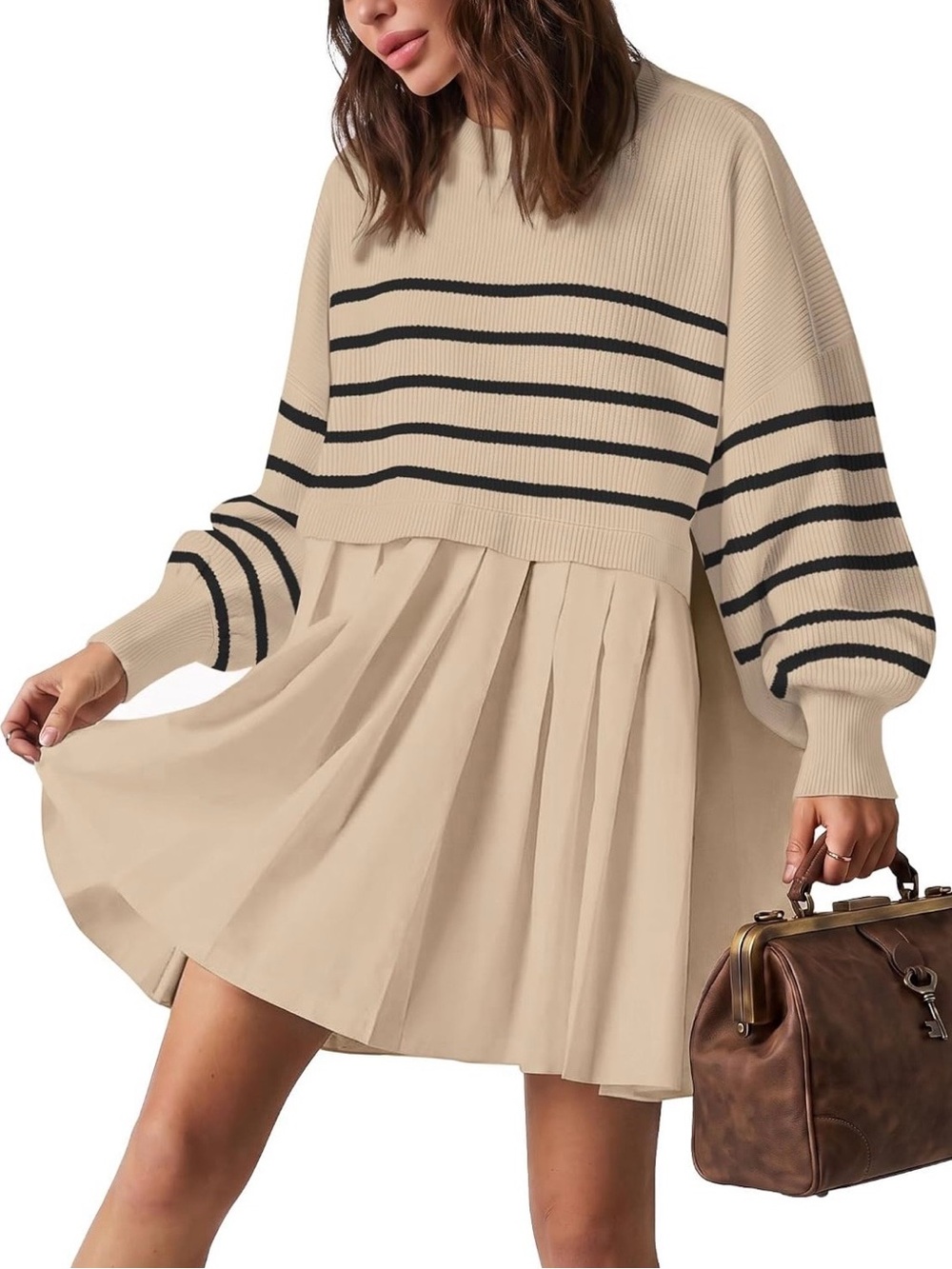 Striped Beige and Black Sweater Dress